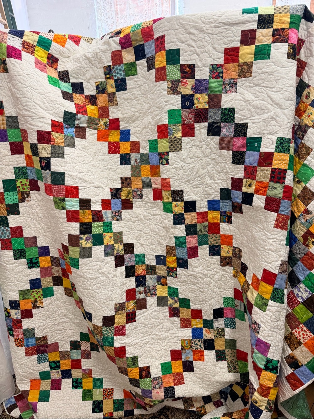 Handmade Multicolor Irish Chain Quilt - White Background